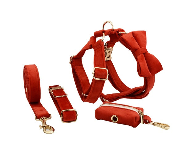 Velvet Collection, Complete Set: Pet Collar, Harness, Leash, Waste Bag Holder, & Removable Bow + Flower