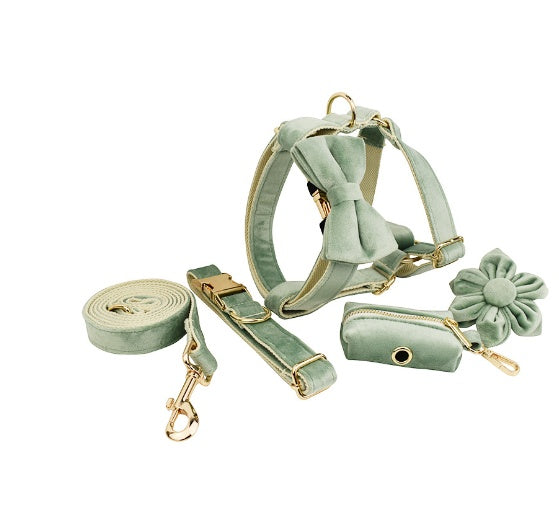 Velvet Collection, Complete Set: Pet Collar, Harness, Leash, Waste Bag Holder, & Removable Bow + Flower