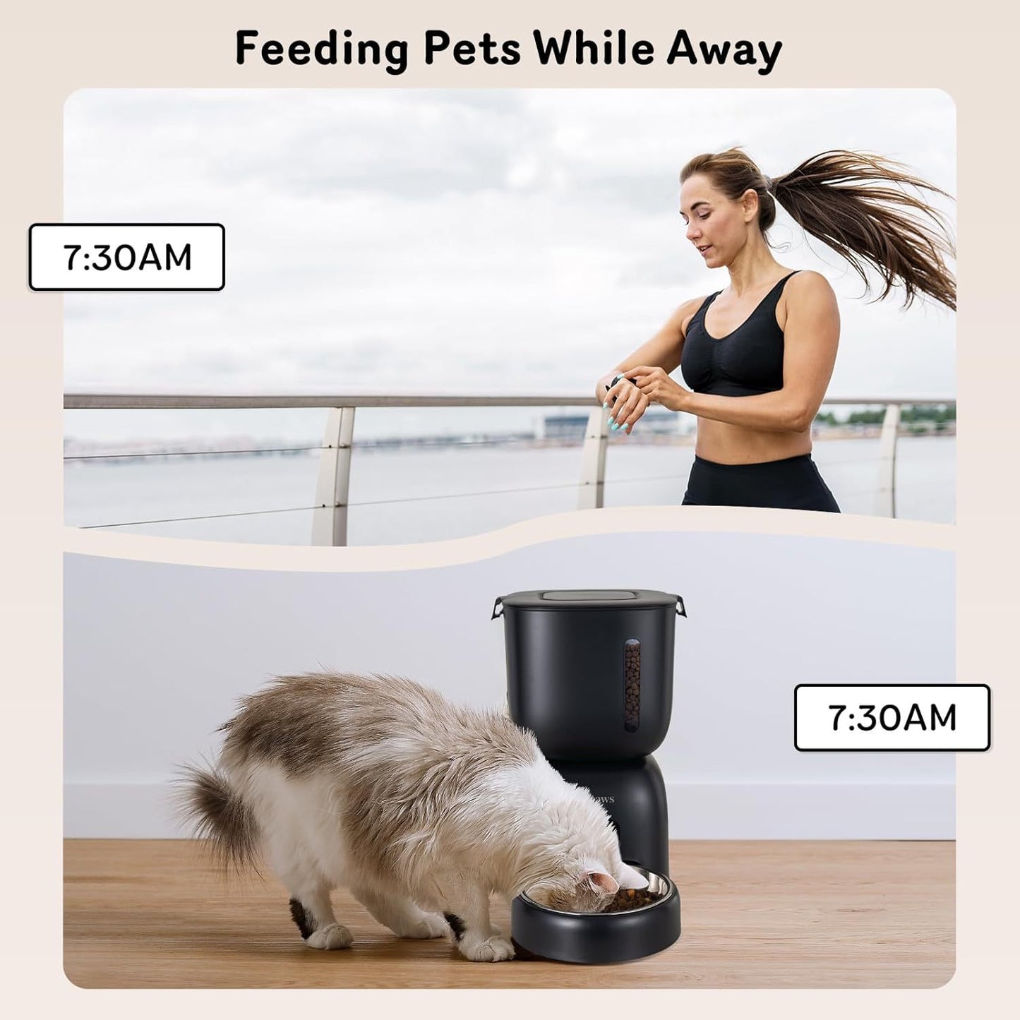 Dual Pet Cat Feeder & Water Dispenser With Locking Lid, Precise Portion Control For 4 Daily Meals, 10s Voice Recording Option