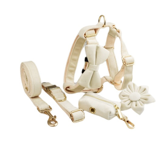 Velvet Collection, Complete Set: Pet Collar, Harness, Leash, Waste Bag Holder, & Removable Bow + Flower