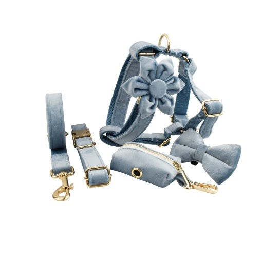Velvet Collection, Complete Set: Pet Collar, Harness, Leash, Waste Bag Holder, & Removable Bow + Flower