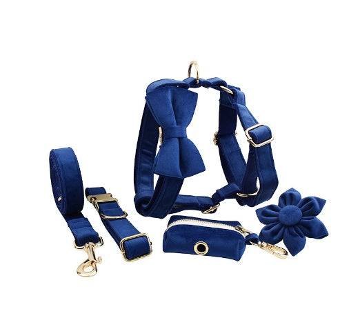 Velvet Collection, Complete Set: Pet Collar, Harness, Leash, Waste Bag Holder, & Removable Bow + Flower