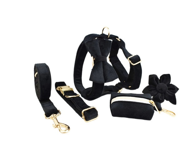 Velvet Collection, Complete Set: Pet Collar, Harness, Leash, Waste Bag Holder, & Removable Bow + Flower