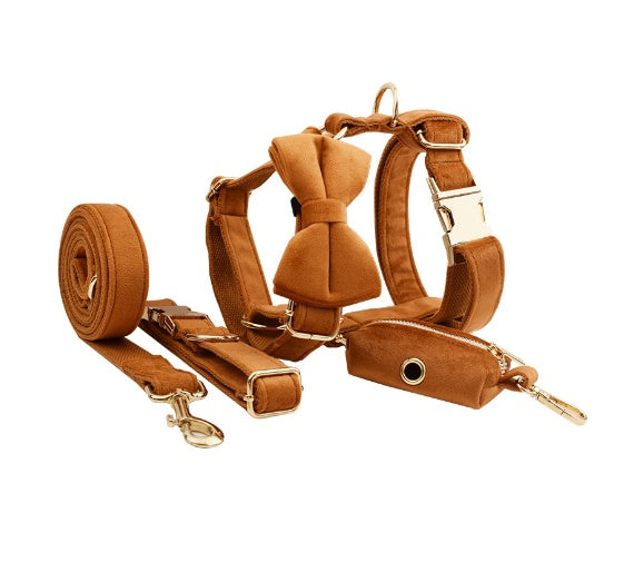 Velvet Collection, Complete Set: Pet Collar, Harness, Leash, Waste Bag Holder, & Removable Bow + Flower