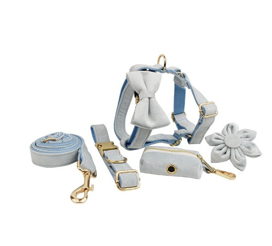 Velvet Collection, Complete Set: Pet Collar, Harness, Leash, Waste Bag Holder, & Removable Bow + Flower