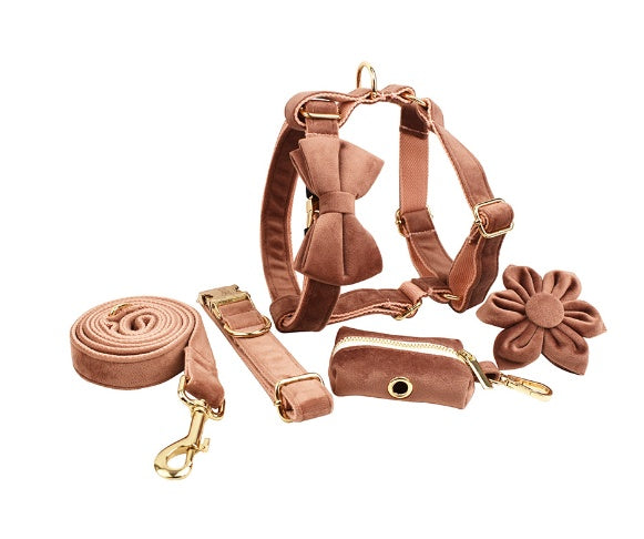 Velvet Collection, Complete Set: Pet Collar, Harness, Leash, Waste Bag Holder, & Removable Bow + Flower