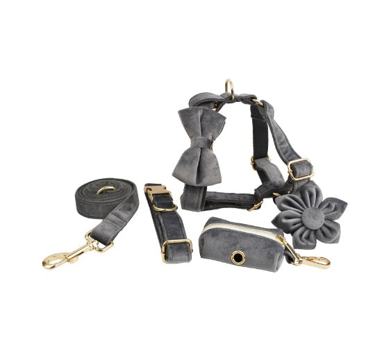 Velvet Collection, Complete Set: Pet Collar, Harness, Leash, Waste Bag Holder, & Removable Bow + Flower