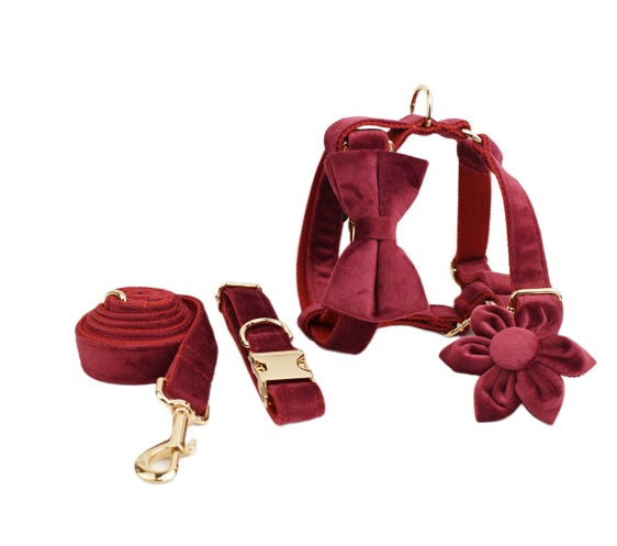 Velvet Collection, Complete Set: Pet Collar, Harness, Leash, Waste Bag Holder, & Removable Bow + Flower