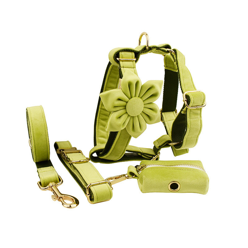 Velvet Collection, Complete Set: Pet Collar, Harness, Leash, Waste Bag Holder, & Removable Bow + Flower