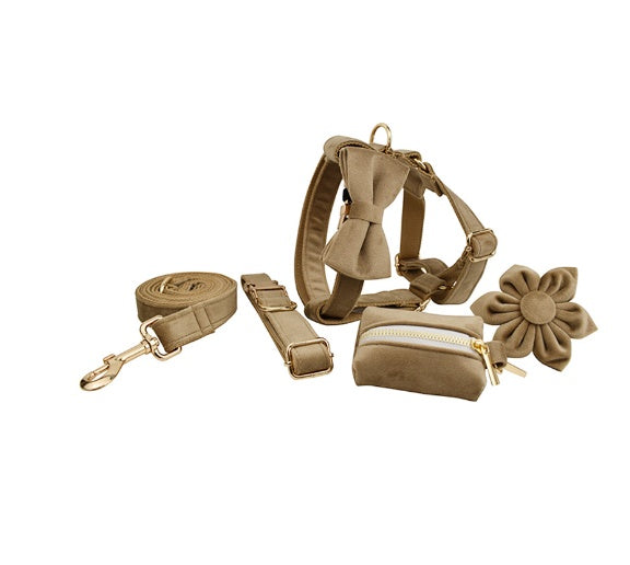 Velvet Collection, Complete Set: Pet Collar, Harness, Leash, Waste Bag Holder, & Removable Bow + Flower