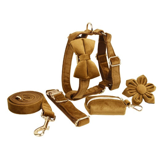 Velvet Collection, Complete Set: Pet Collar, Harness, Leash, Waste Bag Holder, & Removable Bow + Flower