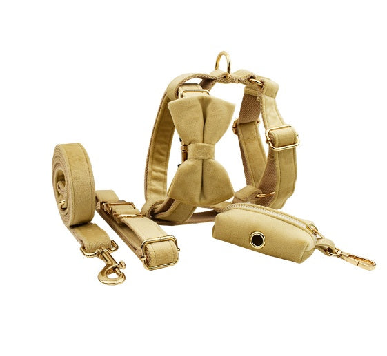 Velvet Collection, Complete Set: Pet Collar, Harness, Leash, Waste Bag Holder, & Removable Bow + Flower