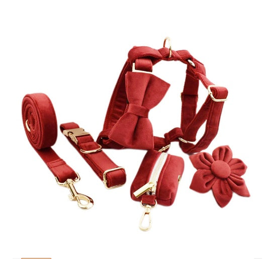 Velvet Collection, Complete Set: Pet Collar, Harness, Leash, Waste Bag Holder, & Removable Bow + Flower