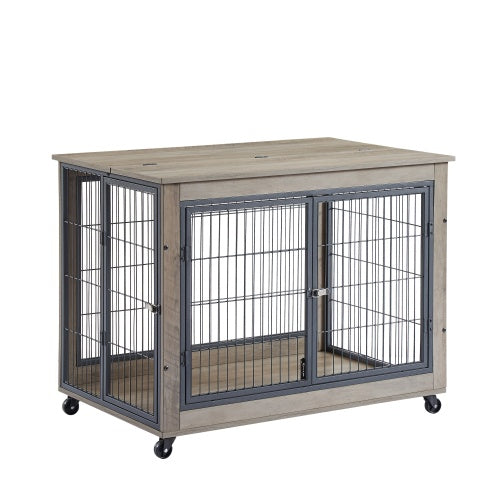 Furniture Style Dog Kennel on Wheels With Double Doors And A Raised Top