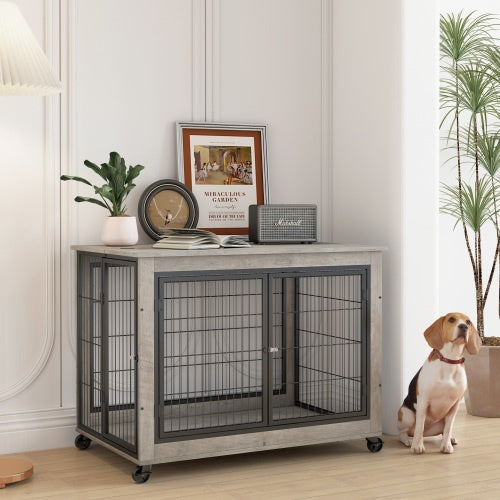 Furniture Style Dog Kennel on Wheels With Double Doors And A Raised Top