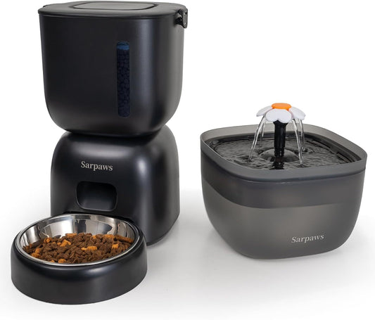 Dual Pet Cat Feeder & Water Dispenser With Locking Lid, Precise Portion Control For 4 Daily Meals, 10s Voice Recording Option