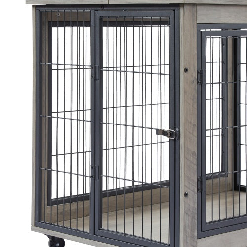 Furniture Style Dog Kennel on Wheels With Double Doors And A Raised Top
