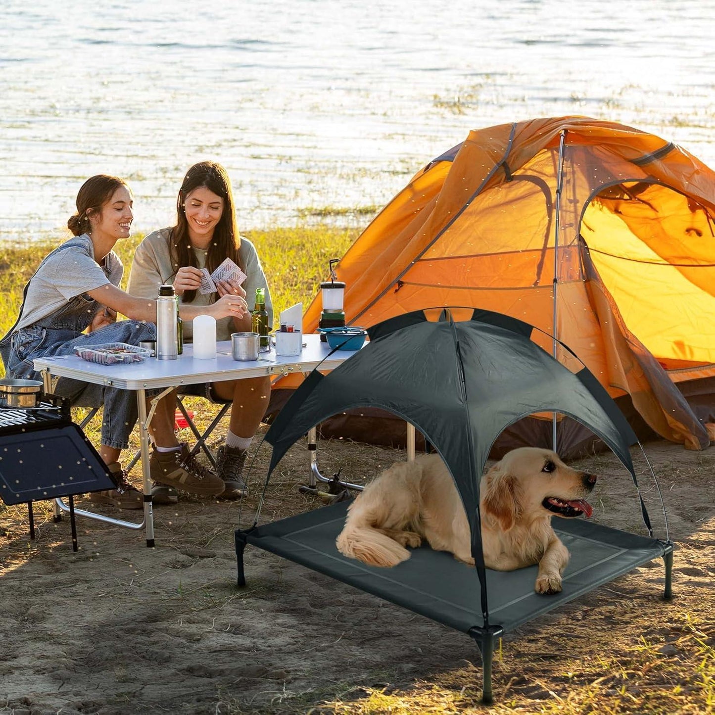 Large Elevated Pet Bed With UV Protection Awning- Up to 110 lbs