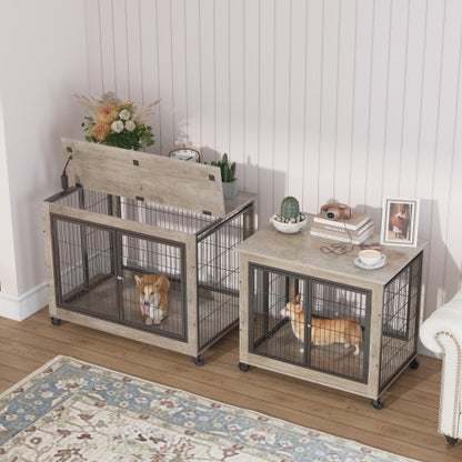 Furniture Style Dog Kennel on Wheels With Double Doors And A Raised Top