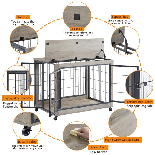 Furniture Style Dog Kennel on Wheels With Double Doors And A Raised Top