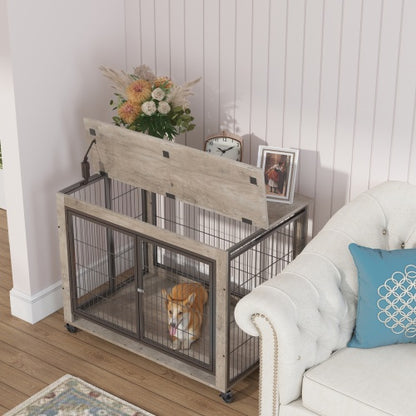 Furniture Style Dog Kennel on Wheels With Double Doors And A Raised Top