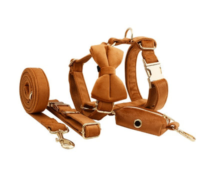 Velvet Collection, Complete Set: Pet Collar, Harness, Leash, Waste Bag Holder, & Removable Bow + Flower