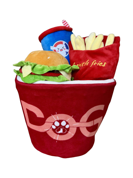 4-in-1 Fast Food Bucket Dog Toy Set, Squeaky Plush Toys