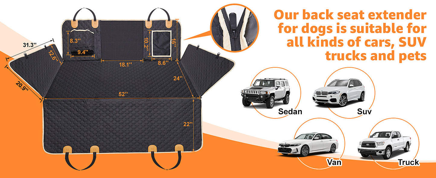 Waterproof Back Seat Extender and Cover, Hard Bottom- Heavy Duty Scratch Proof, For Cars/SUVs