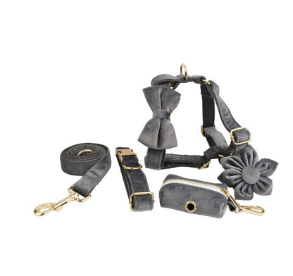 Velvet Collection, Complete Set: Pet Collar, Harness, Leash, Waste Bag Holder, & Removable Bow + Flower