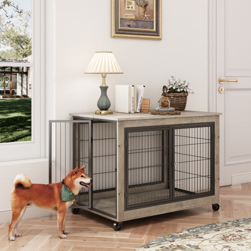 Furniture Style Dog Kennel on Wheels With Double Doors And A Raised Top