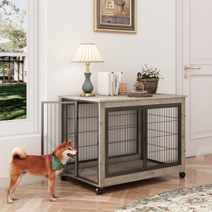 Furniture Style Dog Kennel on Wheels With Double Doors And A Raised Top