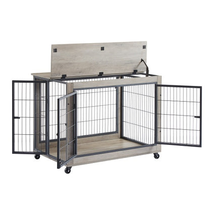 Furniture Style Dog Kennel on Wheels With Double Doors And A Raised Top