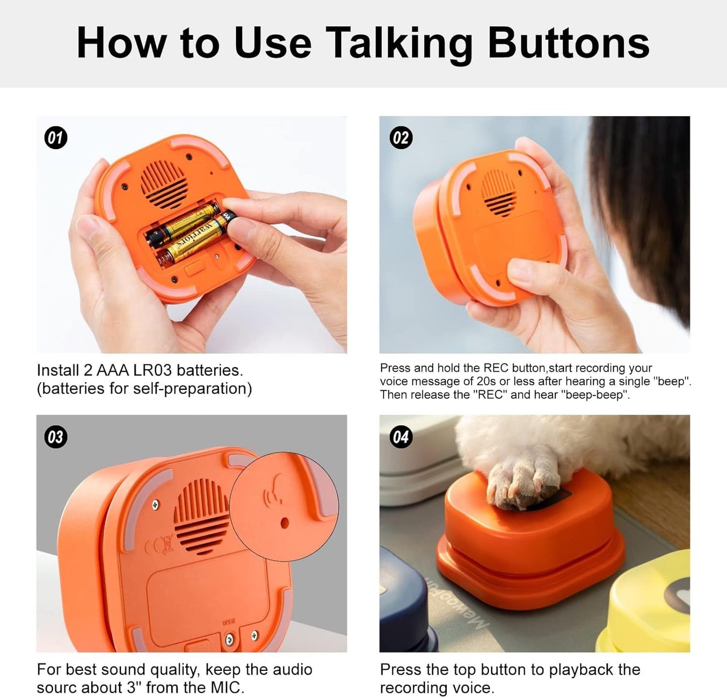 TRAIN YOUR DOG TO SPEAK Dog Talking Buttons Set - 3 Recordable Communication Buttons With